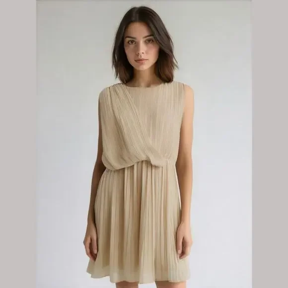 ASOS Cream Pleated Faux Wrap Bodice Sleeveless Grecian Dress Fit & Flare 6 - Picture 1 of 13